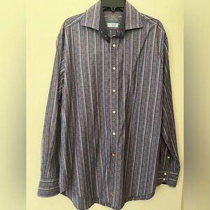 THOMAS DEAN Men’s blue/red/gray/lt. gray striped button down dress shirt.